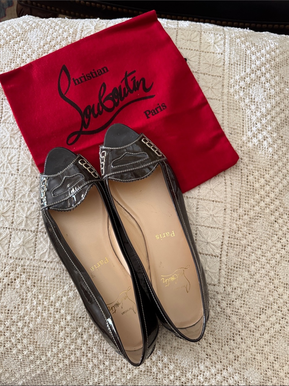 Christian Louboutin Black Patent Leather Open Toe Loafers with Thread Detail - Picture 1 of 4